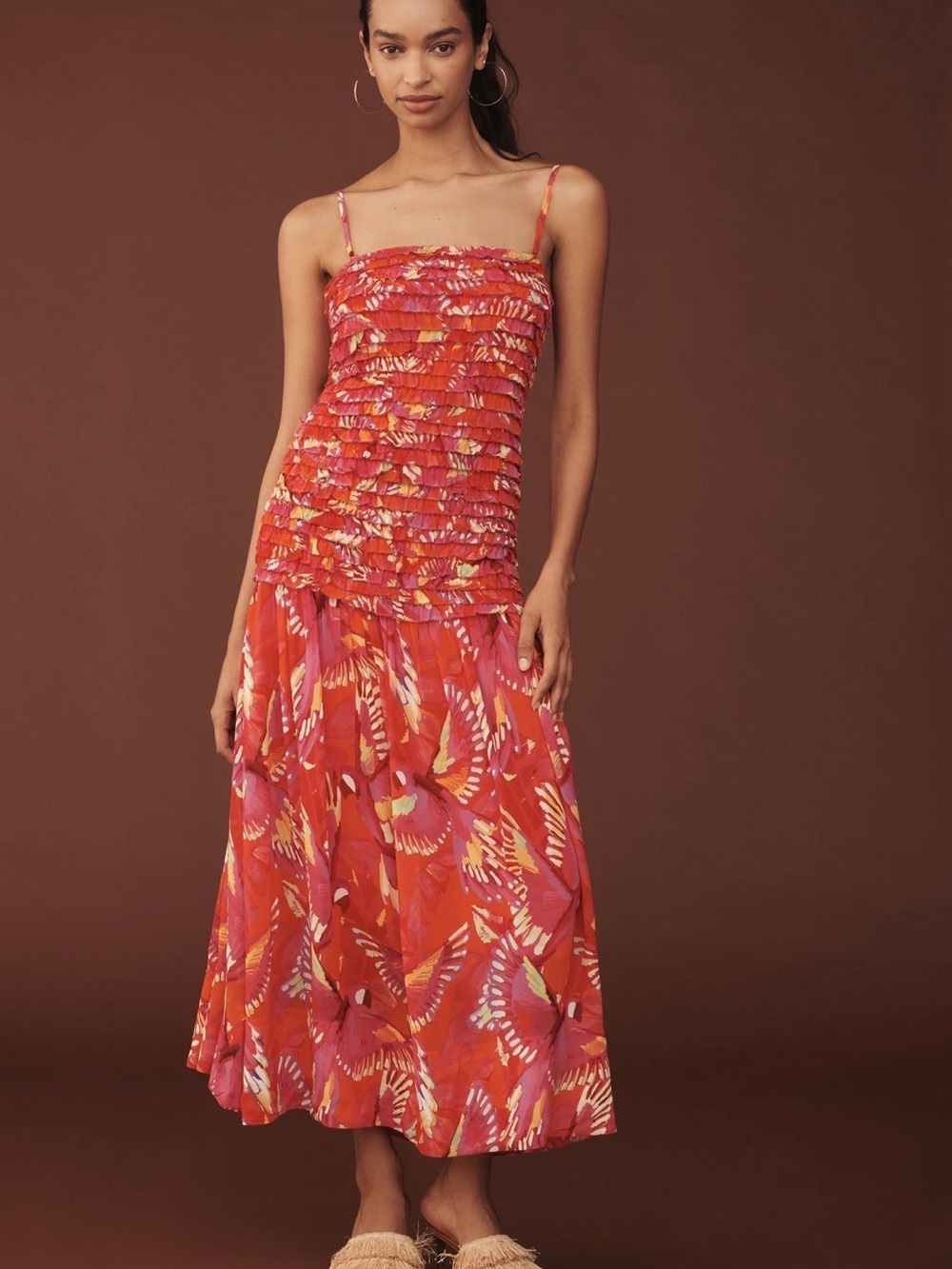 FARM Rio Red Pink Strapless Ruffled Midi Dress smocked flying birds orange